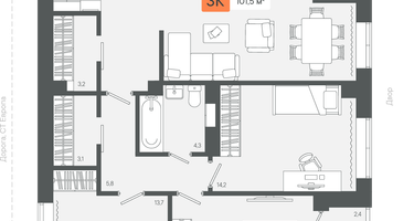 3-к. квартира, 101&nbsp;м²