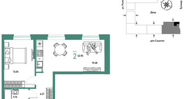 2-к. квартира, 42&nbsp;м²