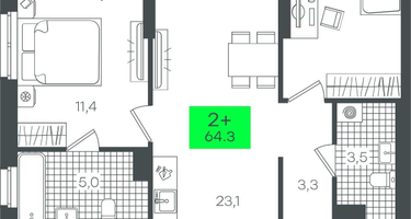 2-к. квартира, 64&nbsp;м²