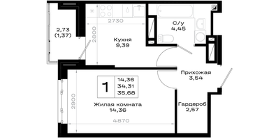 1-к. квартира, 35&nbsp;м²