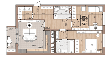 2-к. квартира, 74&nbsp;м²