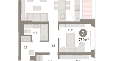 2-к. квартира, 77&nbsp;м²