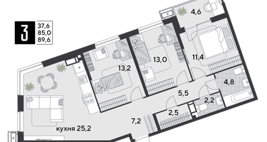 3-к. квартира, 90 м²