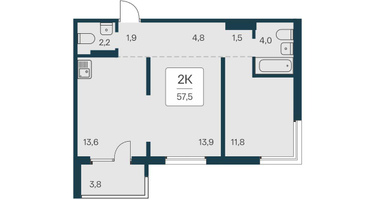 2-к. квартира, 57 м²