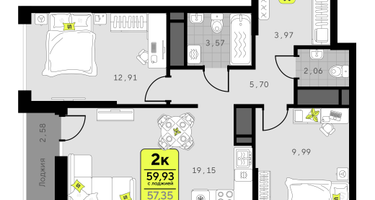 2-к. квартира, 59&nbsp;м²