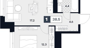 1-к. квартира, 38 м²