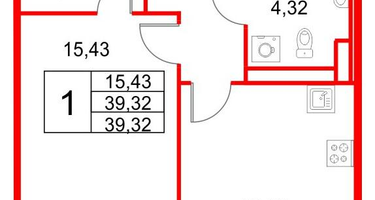 1-к. квартира, 39&nbsp;м²