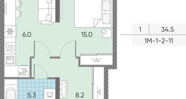 1-к. квартира, 34 м²