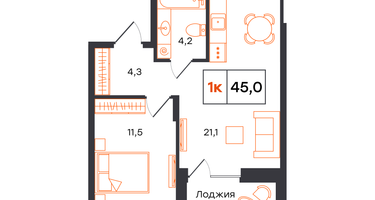 1-к. квартира, 45&nbsp;м²