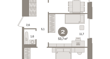 2-к. квартира, 53 м²