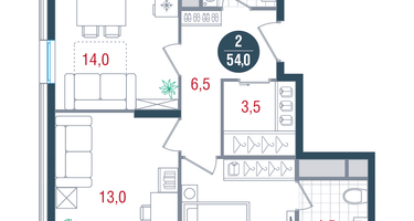 2-к. квартира, 54 м²