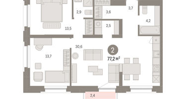 2-к. квартира, 77 м²