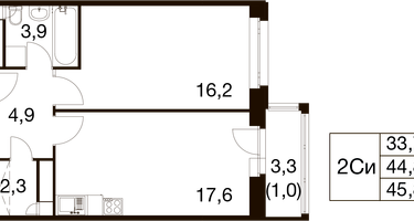 1-к. квартира, 44&nbsp;м²
