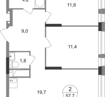 2-к. квартира, 57 м²