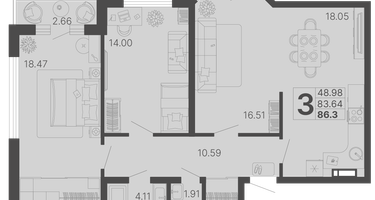 3-к. квартира, 86&nbsp;м²