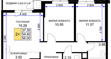 2-к. квартира, 56&nbsp;м²