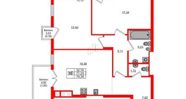 2-к. квартира, 74&nbsp;м²