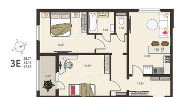 2-к. квартира, 67&nbsp;м²