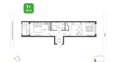 1-к. квартира, 42&nbsp;м²