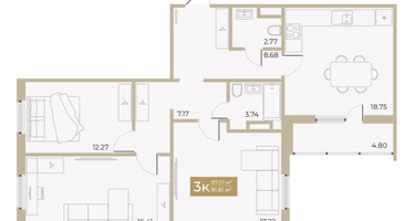 3-к. квартира, 87 м²