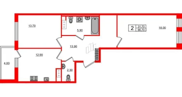 2-к. квартира, 66&nbsp;м²