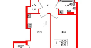 1-к. квартира, 39&nbsp;м²