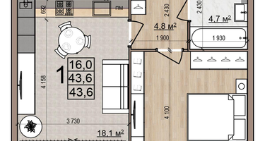 1-к. квартира, 43&nbsp;м²