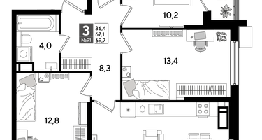 3-к. квартира, 69 м²