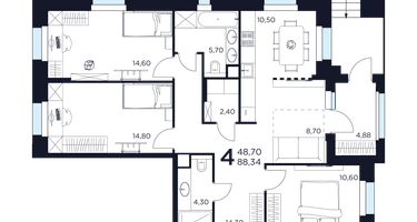 4-к. квартира, 88 м²
