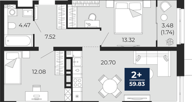 2-к. квартира, 58&nbsp;м²