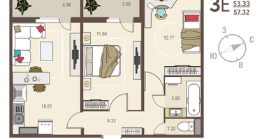 2-к. квартира, 57&nbsp;м²