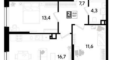 2-к. квартира, 53&nbsp;м²