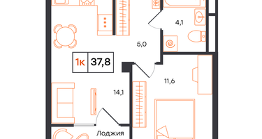 1-к. квартира, 37&nbsp;м²