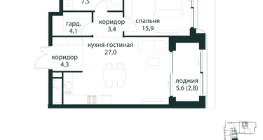 1-к. квартира, 65&nbsp;м²