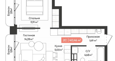 2-к. квартира, 40 м²
