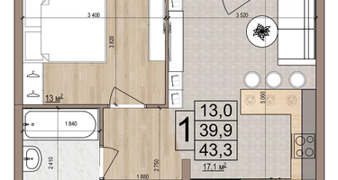 1-к. квартира, 43&nbsp;м²