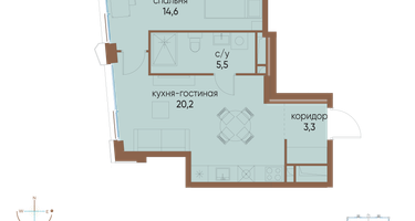 1-к. квартира, 43 м²