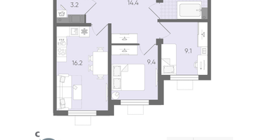 2-к. квартира, 58 м²