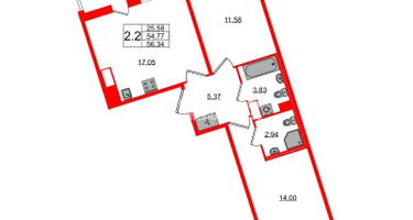 2-к. квартира, 54 м²