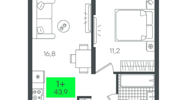 1-к. квартира, 43&nbsp;м²