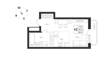 1-к. квартира, 30 м²