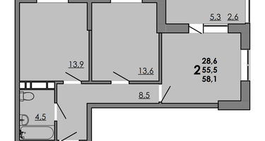 2-к. квартира, 57&nbsp;м²