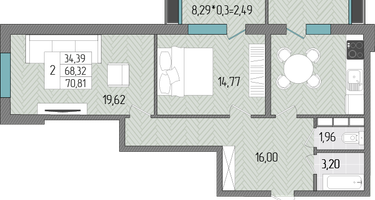 2-к. квартира, 70&nbsp;м²