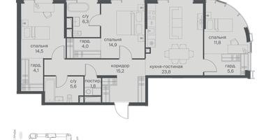 3-к. квартира, 107&nbsp;м²