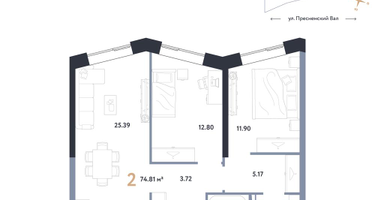2-к. квартира, 74 м²