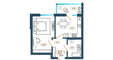 1-к. квартира, 37&nbsp;м²
