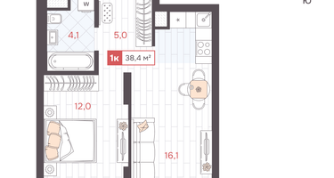1-к. квартира, 38&nbsp;м²