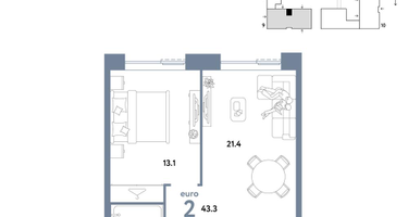 2-к. квартира, 43 м²