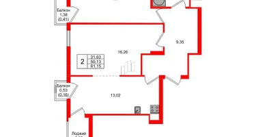 2-к. квартира, 61&nbsp;м²