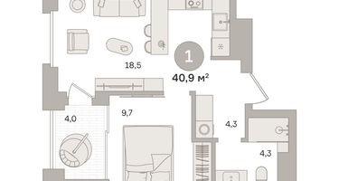 1-к. квартира, 40&nbsp;м²